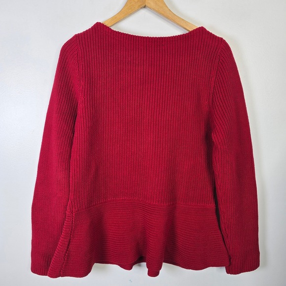 Ralph Lauren Red Ribbed Knit Peplum Sweater Crew Neck Button Shoulder Cotton XL - Picture 2 of 5